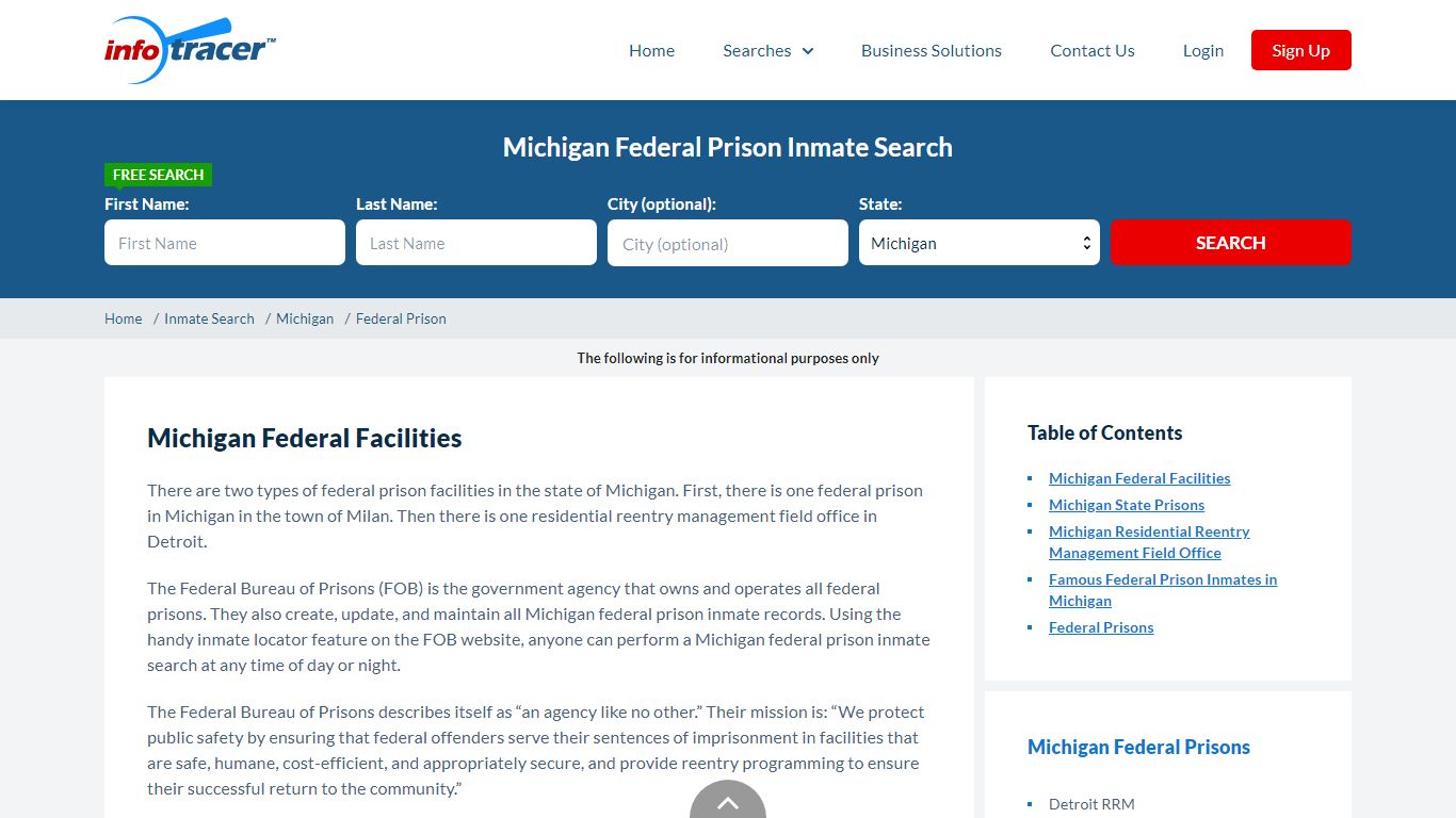 Michigan Federal Prisons Inmate Records Search - InfoTracer